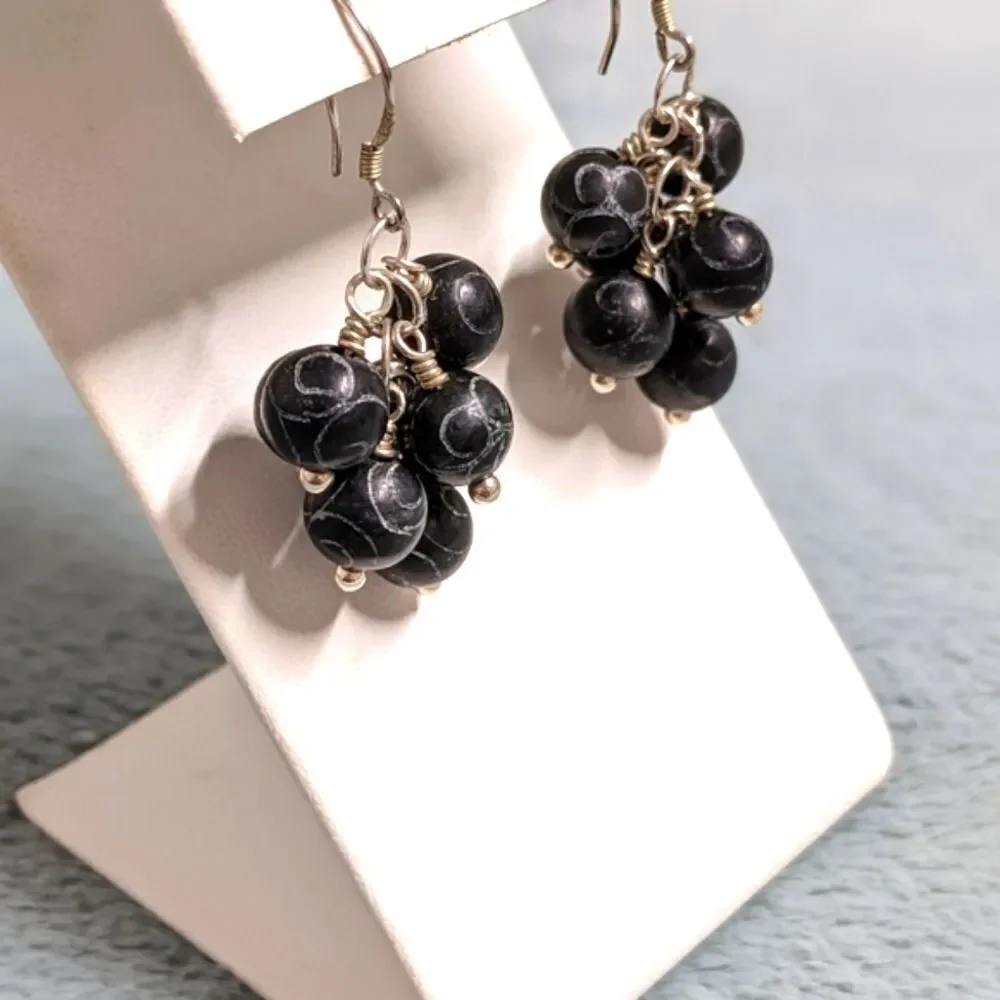 Vintage Artisan Made Carved Ceramic Bead Dangle Earrings on Sterling Silver - Picture 3 of 10